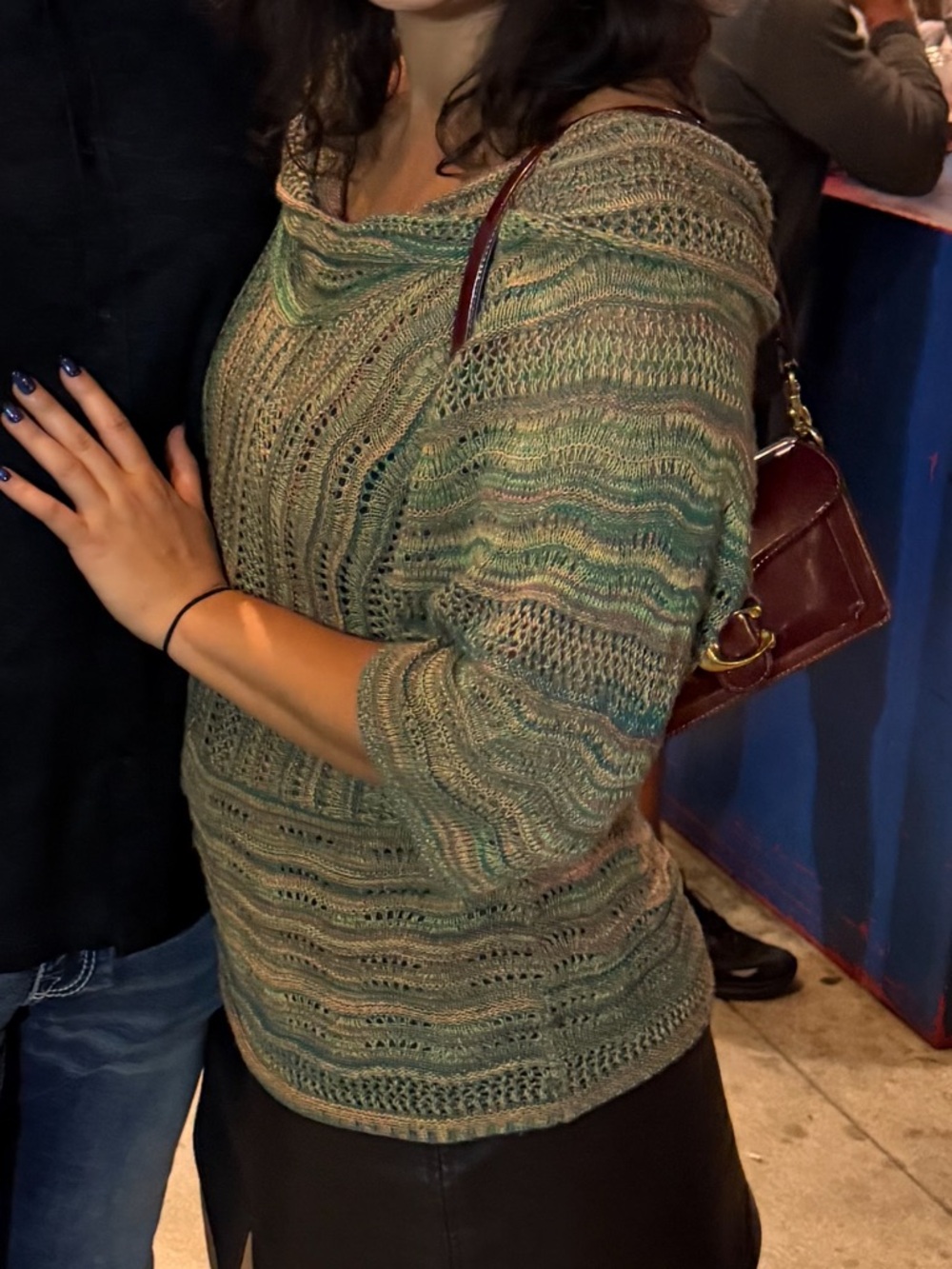 212 Collection Green Multitone Off-the-Shoulder Open-Knit Sweater